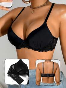 SHEIN Elacene Women's Lace Casual Soft & Comfortable Wire-Supported Lift & Instantlift Bra - Black - View 1