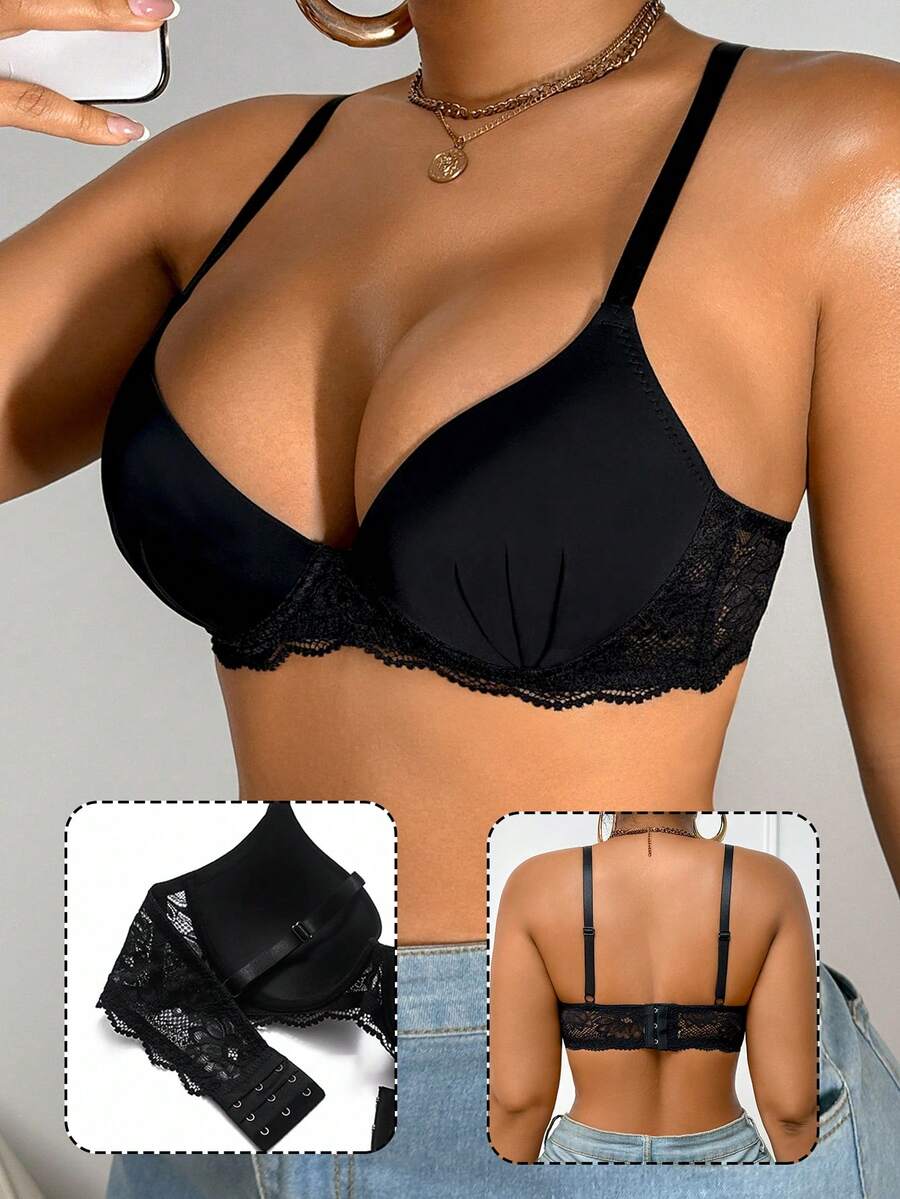 SHEIN Elacene Women's Lace Casual Soft & Comfortable Wire-Supported Lift & Instantlift Bra - Black - View 1