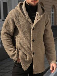 Manfinity Homme Manteau long à capuche casual à simple boutonnage de couleur unie pour hommes, manteau d'hiver pour hommes avec capuche en fourrure, automne/hiver - Kaki - Voir 6