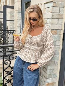 Serisse 女士休闲格子灯笼袖衬衫，秋季款 - 彩色 - 查看 5