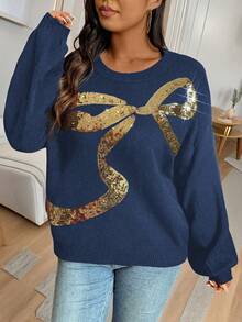 EMERY ROSE Plus Size Casual Sequin Bow Pattern Round Neck Drop Shoulder Sweater, Autumn/Winter - Royal Blue - View 3