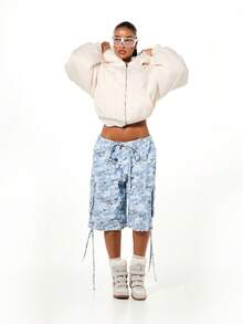 SUMWON WOMEN 超大款双面全拉链连帽衫，带羊羔绒内衬，宽松休闲冬季卫衣外套，长袖连帽衫 - 白色 - 查看 5