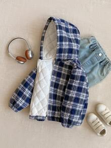 PrepCrw 1pc Boys' Elegant School Style Casual Urban Blue & White Plaid Hooded Long Sleeve Cotton Jacket, Suitable For Outings, Gatherings, Back To School, Winter,Fall Clothes For Kids ,Winterclothes For Kids,Holiday