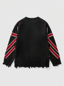 ROMWE MEN Street Life Áo len dệt kim họa tiết cờ cổ điển thời trang, áo chui đầu dáng rộng thoải mái cho nam, mùa đông - màu đen - Xem 2