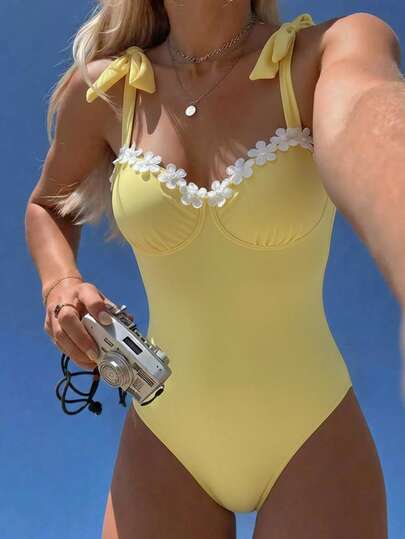 Swim Vcay 1 pieza Bralette con aros y relleno ligero con tirantes de lazo con diseño de margaritas, lindo y dulce para mujer