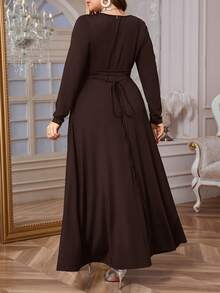 Firerie Damen Große Größen Lässig Elegant Minimalistisch Pendler Alltags Kleid mit quadratischem Kragen, Raffung, Schleife, Langarm, elastisch, A-Linie, Frühling/Herbst, Abendkleider für Damen - Kaffeebraun - Übersicht 2