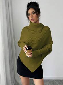 Elenzga 女士不对称蝙蝠袖纯色高领经典针织毛衣，时尚百搭，适合假日度假 - 軍綠色 - 查看 5