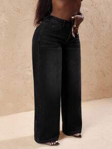 Slaydiva Plus Size Women Denim Wide Leg Pants With Heart Pockets - Dark Grey - View 6