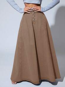 SHEIN SXY Chân váy denim dài thường ngày cài nút phía trước cạp cao cho nữ - Màu Khaki - Xem 4