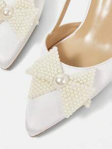 CUCCOO HITCHD Women's Pink Lace Pointed Toe Backless Pearl Bow Net Mesh High Heel Shoes For Christmas - White - View 11