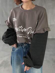 FRIFUL Women's Casual Plaid Patchwork 2 In 1 T-Shirt, Autumn - Grey - View 6