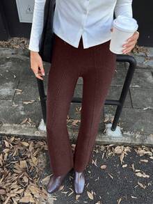 Elyressa Conjunto de suéter de unicolor y pantalones de pierna ancha con textura de cuerda retorcida para mujer, cómodo y casual, adecuado para otoño/invierno - Marrón - Ver 7