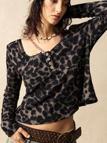 Bohemela 女士秋冬休闲针织豹纹方领长袖打底T恤，豹纹冬装，女士冬季服装，黑色上衣，假日 - 彩色 - 查看 3