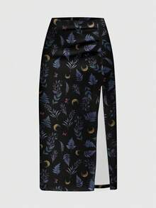 ROMWE Goth 森系深色蘑菇、太阳、月亮、星星、叶子和蕨类印花高开衩女装 - 黑色 - 查看 1