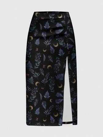 Goth Falda con abertura alta con estampado de setas oscuras, sol, luna, estrella, hoja y helecho, estilo Mori para mujeres