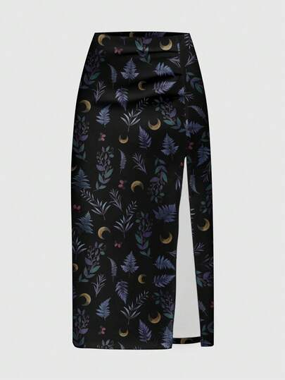 Goth Jupe fendue style Mori avec imprimé champignon sombre, soleil, lune, étoile, feuille et fougère pour femmes