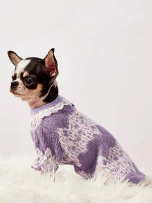 PETSIN 1pc Light Purple Lace Lace Traction Buckle Lace Pet T-Shirt For Autumn And Winter, Simple And Thick Warm Pet Lace Edge Clothes - Mauve Purple - View 4