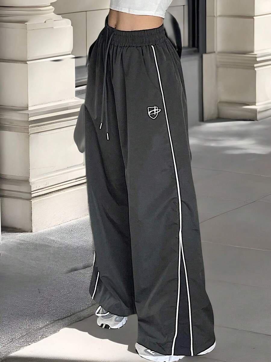 Pantalones Largos Casuales Con Cordón Y Rayas Laterales Para Mujer, Estilo Y2k - Gris - Ver 1