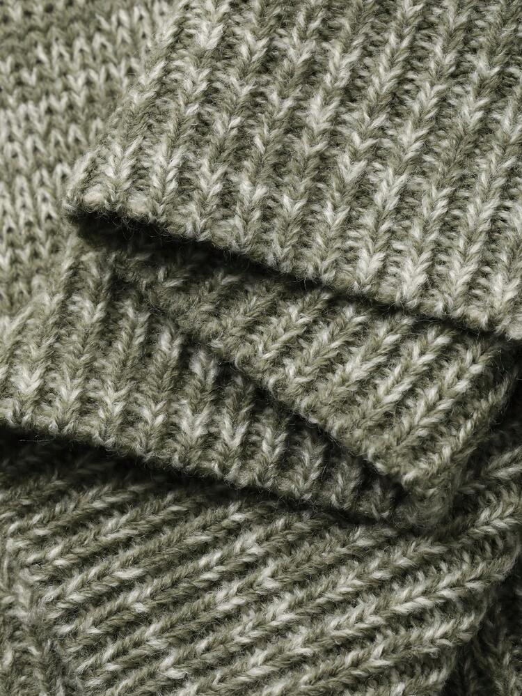 Men's High Neck Khaki Green Floral Mesh Sweater, Autumn