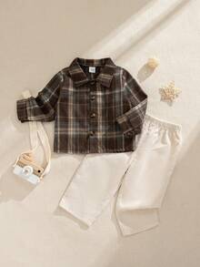 Souflis Souflis French Retro Plaid Long Sleeve Shirt & Beige Pants 2pcs Outfit, Elegant & Versatile For School, Outing, Various Occasions, Toddler Boys Brown Baby Boy Outfit Mocha Baby Clothes Toddler Linen Set Boy - Multicolor - View 3