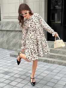 SHEIN 少女休闲度假时尚圆领泡泡袖宽松拼接连衣裙 - 彩色 - 查看 3