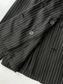 Elamini 女士灰色条纹修身中长款西装外套，百搭职业装，适合办公室、商务休闲、通勤、秋冬季穿着。 - 灰色 - 查看 9