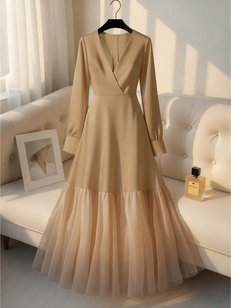 Franclia Women's Autumn Long Dress, V-Neck, Shoulder Strap Design, Sleeve Cuff Decorated With Same Fabric, A-Line Silhouette, Waist Cinched, Hem Spliced With Mesh Design Fall Cloth For Women