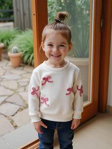 Vintaside Kids Baby Girls' Sweet White Round Neck Long Sleeve Pullover Top, Detailed With Pink Drawstring Bow, Minimalist Fitted Style, Suitable For Daily Wear, School, Birthday Party, And Family Activities - Multicolor - View 9