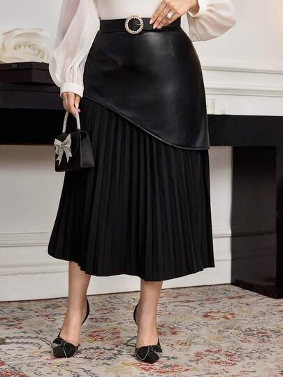 Modelyn 大码女式纯色PU皮革拼接褶裥下摆优雅A字裙