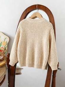 Sparklyn 1 件女童圆领纹理下摆开衩下摆创意纽扣装饰 Y2K 街头休闲百搭时尚校园风格高品质毛衣，适合度假、郊游、购物、运动、圣诞节、玩雪、派对、野餐 - 杏色 - 查看 2