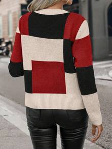 SHEIN LUNE Women's Contrast Color Crew Neck Long Sleeve Casual Sweater, Autumn/Winter - Multicolor - View 2