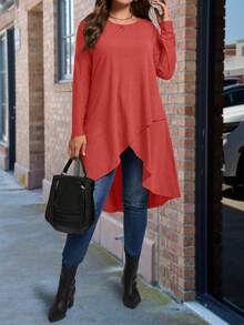 SHEIN Plus Size Solid Color Long Asymmetrical Hem Round Neck Long Sleeve T-Shirt Fall Cloth For Women - Red - View 3
