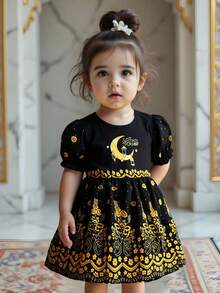 Baby Girl Unique Print Cute Puff Sleeve Dress - Black - View 1