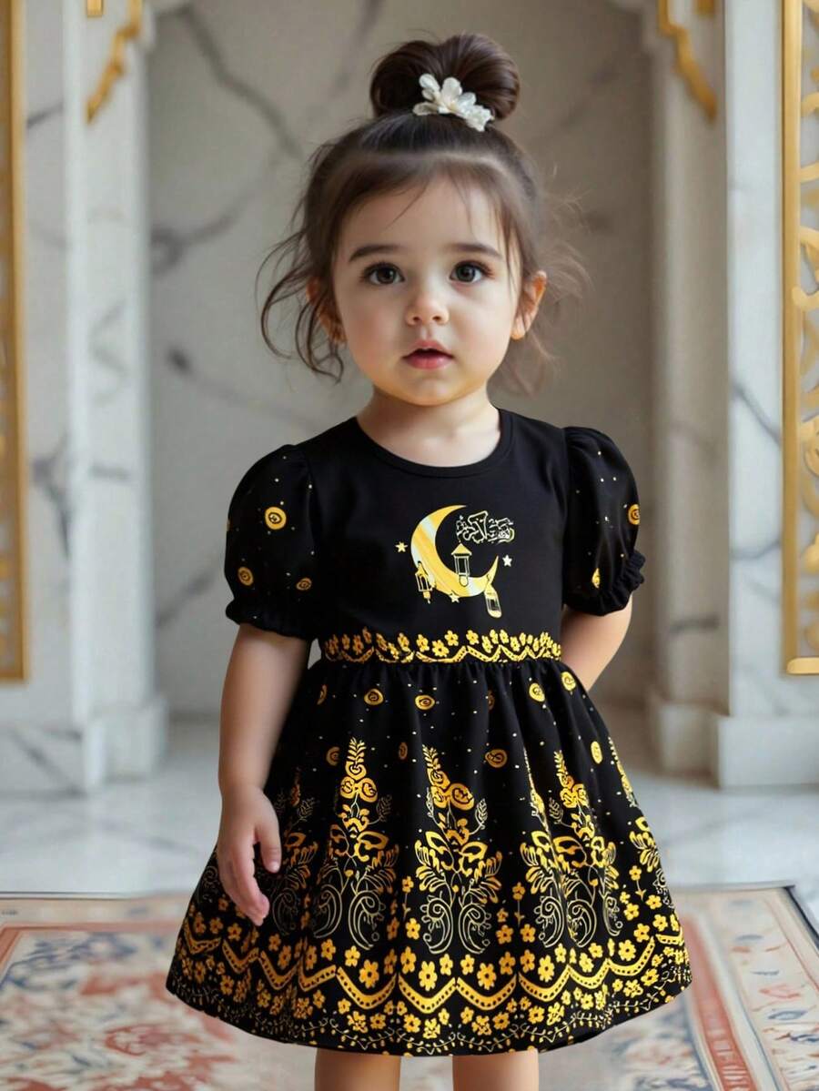 Baby Girl Unique Print Cute Puff Sleeve Dress - Black - View 1