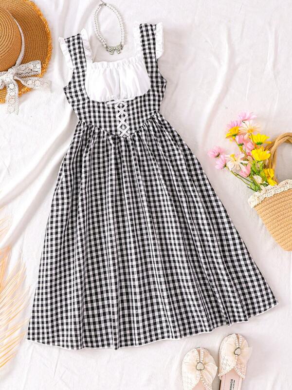 SHEIN Tween Girl Casual Elegant Cute Puff Sleeve A-Line Dress, Square Neck Plaid Drawstring Dress, Suitable For Spring, Summer, Autumn, Outdoor, Vacation, School