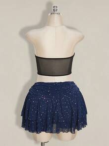 SHEIN ICON Plus Size Ruched Tie-Up High Slit Layered Glitter Mesh Mini Skirt - Navy Blue - View 8