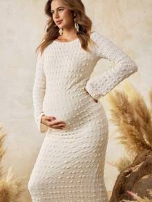 Boho Mama 孕妇纯色圆领长袖修身优雅连衣裙 - 白色 - 查看 3
