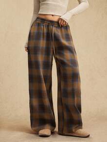 Easelle 女士抽绳腰带格子阔腿宽松休闲裤 - 棕色 - 查看 3