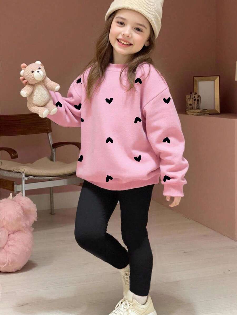 一套年轻女孩休闲时尚舒适简约可爱爱心图案长袖卫衣和打底裤套装，适合秋冬季外出、运动、上学等场合。 - 彩色 - 查看 1