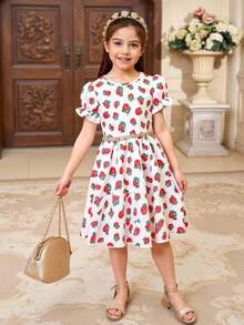 1pc Girls Rose Print Puff Sleeve Dress, Waist Ruffle Decor, New Style, Girls Dress, Suitable For Daily Wear