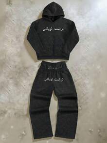 PAVTROS Men's Letter Print Long Sleeve Zip Front Hoodie And Pants Casual Tracksuit Set Men Black Set Shirt And Pants Set Men Black Two Piece Set Men S Co Ord Set Mans 2 Pieces Sets - Black - View 3