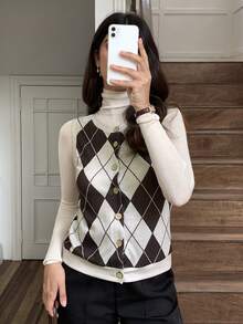 Elyressa Women's Casual Rhombus Print Button Front Top, Autumn - Coffee Brown - View 3