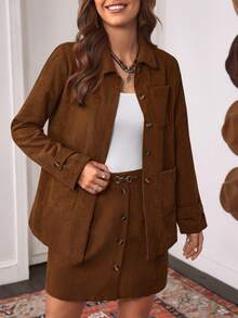 SHEIN LilyWest Bộ đồ nhung kẻ hai tông màu cổ điển thu đông dành cho nữ 2 món: Áo khoác cài nút cổ áo sơ mi tay dài có viền kim loại ở eo, chân váy ngắn cài nút và gấu thẳng - màu nâu - Xem 3