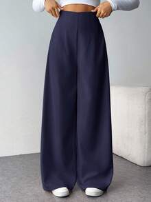 SHEIN Tween Girls Casual Fashionable Comfortable High Waist Wide Leg Straight Trousers, Suitable For Dailywear Navy Blue Pants Navy Pants Girls Pants Wide Leg,Kids Clothes Girls,Tween Girl Pants Long Pants Wide Leg Pants - Navy Blue - View 1