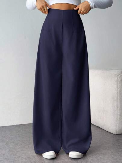 SHEIN Tween Girls Casual Fashionable Comfortable High Waist Wide Leg Straight Trousers, Suitable For Dailywear Navy Blue Pants Navy Pants Girls Pants Wide Leg,Kids Clothes Girls,Tween Girl Pants Long Pants Wide Leg Pants