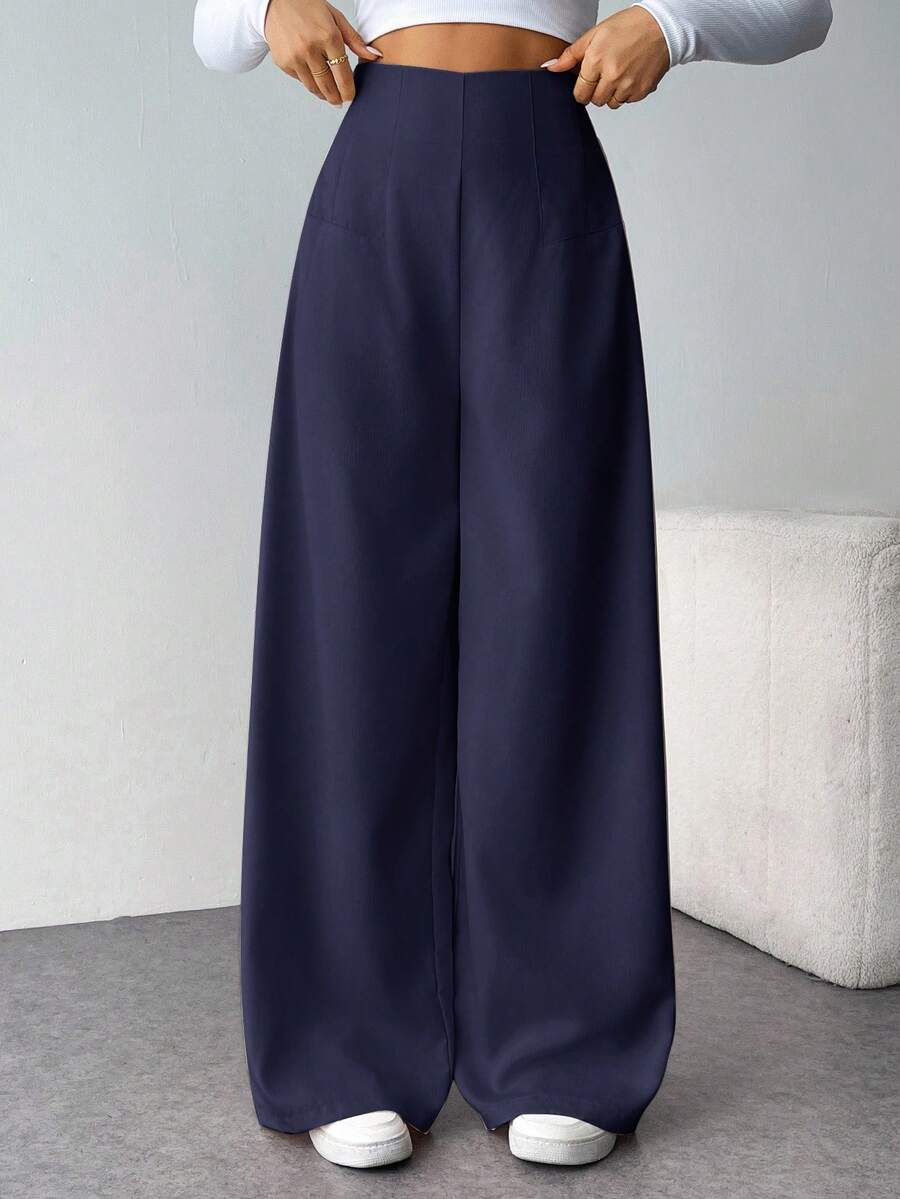 SHEIN Tween Girls Casual Fashionable Comfortable High Waist Wide Leg Straight Trousers, Suitable For Dailywear Navy Blue Pants Navy Pants Girls Pants Wide Leg,Kids Clothes Girls,Tween Girl Pants Long Pants Wide Leg Pants - Navy Blue - View 1