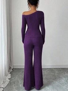 Elenzga 女士时尚休闲两件套，不对称肩部褶皱下摆金属装饰长袖罗纹针织修身T恤+罗纹针织修身喇叭裤 - 紫羅蘭色 - 查看 2
