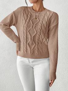 Aalyst Women's Casual Everyday Commute Simple Solid Color Dropped Shoulder Loose Cable Knit Pullover Sweater, Autumn/Winter - Apricot - View 5