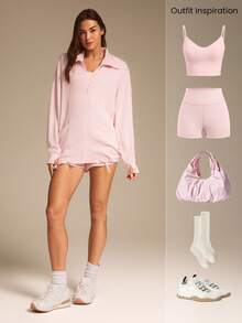 GLOWMODE Softserene Modal Chill Days Oversized Silky Smooth Breathable Wide Collar Drawstring Hem Zip-Up Jacket Daily Casual Wear Valentine's Day - Baby Pink - View 7