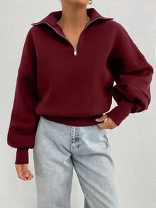 EURMUSE Sudadera oversize de 100% algodón con cuello con cremallera y estampado - Burdeos - Ver 8